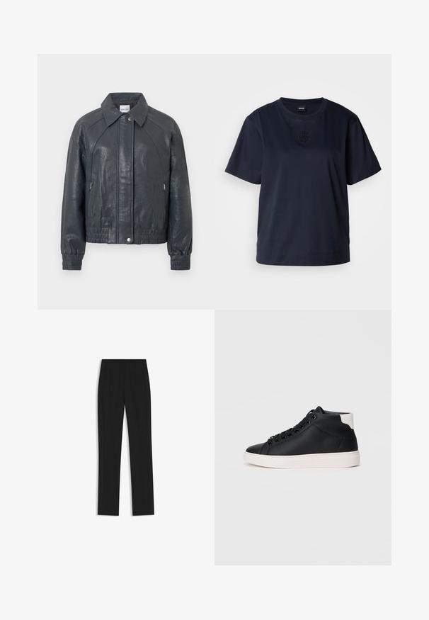 Veste en cuir gris foncé avec col, poches zippées et poignets élastiques. Fini texturé avec une coupe légèrement courte.; T-shirt bleu marine à manches courtes en coton doux. Il présente un col rond et un logo brodé subtil sur la poitrine.; Pantalon noir ajusté avec une coupe droite, doté de poches avant et d'un tissu lisse et texturé. Détails soignés et minimalistes.; Baskets montantes noires en cuir lisse avec semelle en caoutchouc blanche, présentant des lacets ronds, un col rembourré et un accent au talon contrastant.