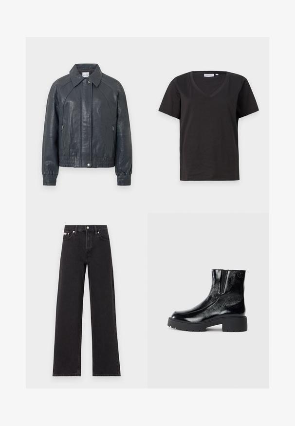 Donkergrijze leren jas met een kraag, ritszakken en elastische manchetten. Structuurovervlak met een licht kortere snit.; Zwarte katoenen T-shirt met een V-hals en korte mouwen. Eenvoudig ontwerp met een regular fit en zonder patronen of accenten.; Zwarte wijde spijkerbroeken van denim, met een hoge taille, vijf-pocket stijl en een metalen knoopsluiting met contrasterende stiksels.; Zwarte enkellaarsjes met een glanzende lakleren afwerking, chunky zwarte rubberen zool en verhoogde hak; inclusief subtiele logo-detail aan de zijkant.
