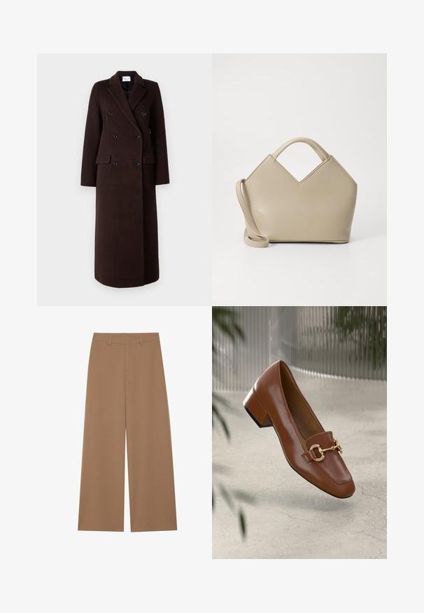 Samsøe Samsøe Klasszikus kabát - mole; Barna, hosszú ujjú felső, széles nyakkivágással és az egyik oldalon csomó részlettel, puha, texturált anyagból készült.; Széles lábú nadrág egységes barna színben, texturált anyagból készült; magas derekú, strukturált kialakítással és övhurkokkal rendelkezik.; Barna lakkbőr loaferek négyzet alakú orral, fém lánc díszítéssel és alacsony blokk sarkú kialakítással; sima textúra, minimalista design.; Beige struktúrált kézitáska V-alakú tetejével, sima bőr anyaggal, rövid fogantyúkkal és hosszú állítható pánttal. Minimál stílusú design.