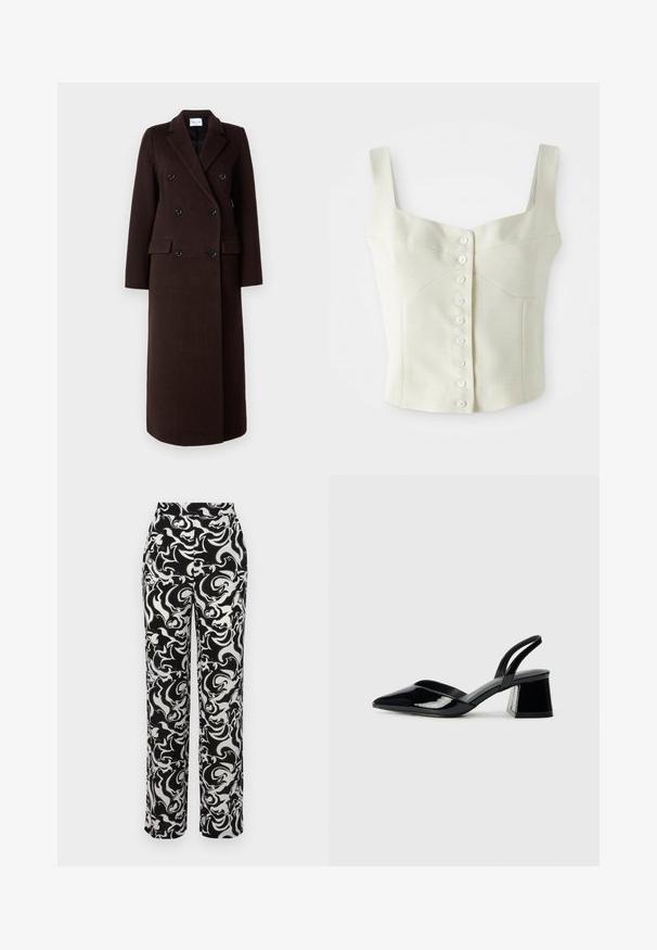 Samsøe Samsøe Klasický kabát - mole; Krémový bezrukávový top skráteného strihu so širokými ramienkami a predným radom malých bielych gombíkov uprostred.; Čierno-biele nohavice so vzorom a vysokým pásom, ktoré majú vírivý abstraktný dizajn a rovný strih nohavíc. Hladký textilný materiál.; Čierne lakované kožené sandálové podpätky s špicatou špičkou a geometrickým blokovým podpätkom. Disponujú elegantným, minimalistickým dizajnom a hladkým povrchom.