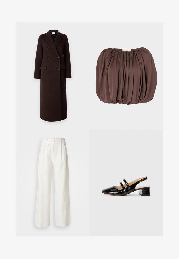 Samsøe Samsøe Klasičan kaput - mole; Smeđa bluzica s napučenim rukavima izrađena od mekog materijala s naglašenim naborima, s skupljenim izrezom i zaobljenim rubom.; Bijele široke hlače od lana s prednjim plisama, jednim kopčanjem na dugme i bočnim džepovima, s glatkom teksturom i strukturiranim dizajnom.; Crne lakirane slingback cipele s špicastim prstom, dva remena, zlatnim kružnim detaljima i niskom blok petom.