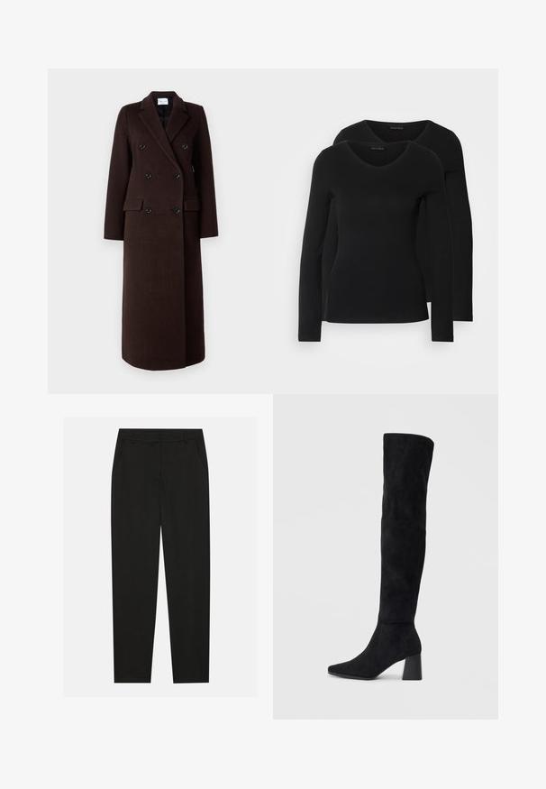 Samsøe Samsøe Cappotto classico - mole; Due camicie a maniche lunghe nere con design a V, realizzate in tessuto morbido e elasticizzato, che mostrano una superficie liscia e una forma aderente.; Pantaloni neri dal design sartoriale, con tasche laterali e gamba dritta. Realizzati in tessuto liscio e leggero con una finitura elegante.; Stivale in suede nero alto fino al ginocchio con tacco a blocco, punta affusolata e design liscio e senza cuciture su uno sfondo chiaro e semplice.