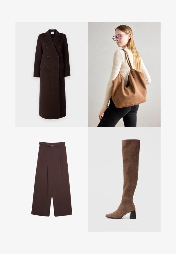 Samsøe Samsøe Klassisk frakke - mole; Brun kortærmet t-shirt lavet af blødt stof, med rund halsudskæring og afslappet pasform. Ingen synlige mønstre eller detaljer.; Stradivarius WIDE-LEG WITH BUCKLE DETAIL - Bukser - dark brown; Brune støvler over knæet lavet af blødt ruskind med spids tå og en kraftig sort hæl. Designet har sømløs syning for et elegant udseende.; Brun ruskind tote taske med blød tekstur, stor åbning og lange stropper. Har et enkelt design med synlige syninger og ingen hardware.