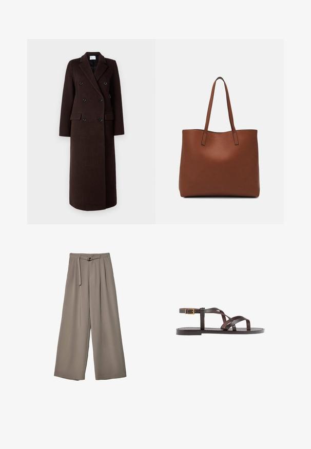Samsøe Samsøe Klassischer Mantel - mole; Braunes, kurzärmliges T-Shirt aus weichem Material mit rundem Halsausschnitt und lockerer Passform. Keine sichtbaren Muster oder Akzente.; Weite Hose aus einem weichen, gedämpften grauen Stoff, mit einem taillierten Bund und Falten für zusätzliche Design-Details. Glatte Textur, keine Muster.; Braune Leder-Sandale mit überkreuzten Riemen, einem Knöchelriemen mit Schnalle und einer flachen Sohle mit minimalen Nähdetails.; Braune Leder-Tote mit glatter Textur, offenem Oberteil und zwei Schulterriemen. Verfügt über minimale Nähte und keine sichtbaren Beschläge.