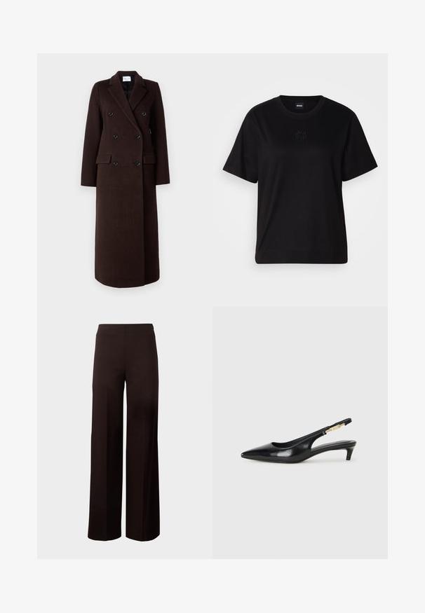 Samsøe Samsøe - Klasyczny płaszcz; Czarny bawełniany t-shirt z okrągłym dekoltem, krótkimi rękawami i haftowanym logo na piersi. Prosty, luźny krój bez wzorów.; Czarne spodnie o szerokich nogawkach z elastycznym paskiem, wykonane z gładkiego, rozciągliwego materiału. Posiadają minimalistyczny design bez wzorów.; Czarne skórzane szpilki typu slingback z ostrym noskiem, posiadające smukły obcas i złoty akcent na regulowanym pasku. Gładka tekstura.