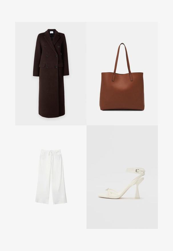 Samsøe Samsøe Klassischer Mantel - mole; Weißes T-Shirt mit kurzen Ärmeln aus Baumwolle. Hat einen Rundhalsausschnitt und eine lockere Passform. Glatte Textur ohne sichtbare Muster oder Akzente.; Weiße, weite Hosen aus weichem Stoff, mit einem Kordelzug in der Taille und zwei vorderen Taschen. Glatte Textur und keine sichtbaren Muster.; Sandaletten aus weißem Leder mit hohen Absätzen, schlankem Design, transparentem Blockabsatz und einem dekorativen Element an der Zehe.; Braune Leder-Tote mit glatter Textur, offenem Oberteil und zwei Schulterriemen. Verfügt über minimale Nähte und keine sichtbaren Beschläge.