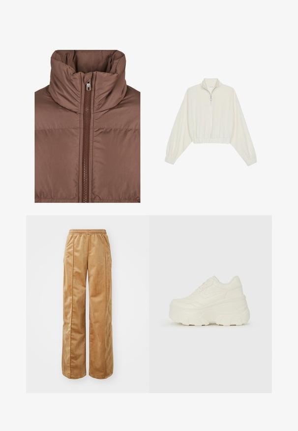 Chaqueta de plumas marrón con cuello alto, que presenta un cierre frontal con cremallera y una textura acolchada. Tejido suave y mate con detalles de costura en tonos similares.; Sudadera cropped en tejido crema, con cuello alto, cierre de media cremallera, dobladillo y puños elásticos, con una textura suave y un diseño minimalista.; Pantalones de pierna ancha en tono beige, fabricados con un material suave y aterciopelado. Cuentan con una cinturilla elástica y costuras verticales en la parte delantera para un detalle adicional.; Zapatillas de plataforma blancas con un upper suave similar al cuero, forma redondeada, cuello acolchado y suela de goma texturizada con surcos definidos.