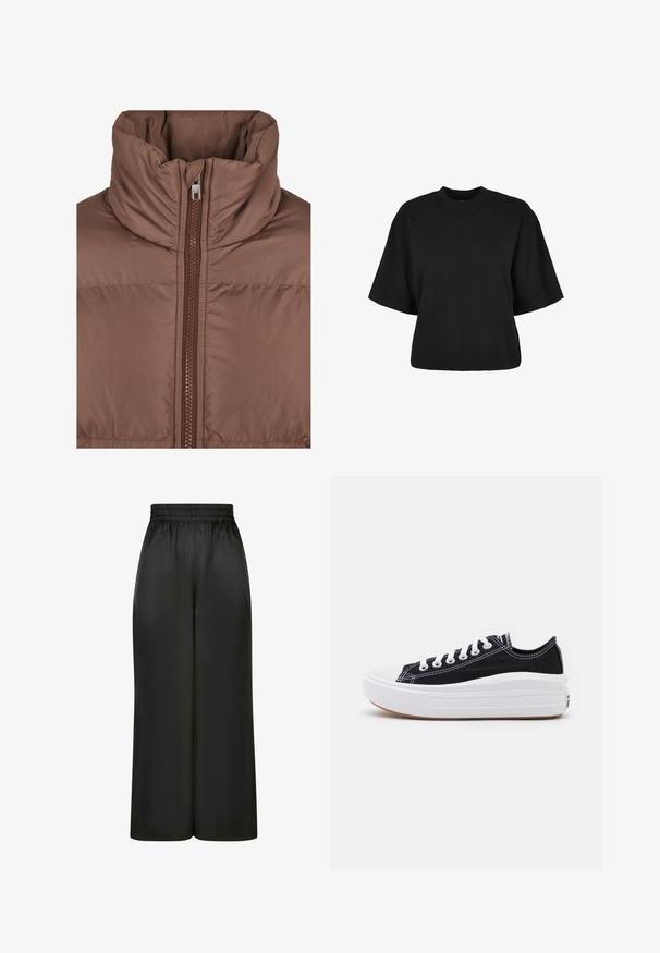 Brun pufferjakke med høj krave, der har en frontlynlås og kviltet tekstur. Glat, mat stof med tonale syninger.; Sort cropped t-shirt lavet af bomuld. Har korte ærmer og rund halsudskæring. Glat tekstur med et enkelt design, ingen ekstra mønstre.; Sorte brede bukser lavet af glat, skinnende stof med elastisk talje og uden synlige lommer eller hardwaredetaljer.; Sorte kanvas sneakers med hvide snørebånd, hvid gummitåhætte og en kraftig hvid mellemsål. Har diskret hvid syning og en gummisål.