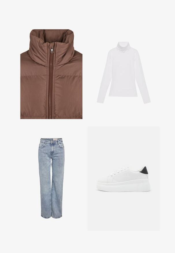 Rjav pufast in z visokim ovratnikom, s sprednjim zadrgo in prešito teksturo. Gladka, mat tkanina s tonom usklajenimi šivi.; Bela dolga majica s turtleneck ovratnikom, izdelana iz gladke, raztegljive tkanine. Ima visok ovratnik in prilega telesu, brez vidnih vzorcev ali okrasitev.; Svjetloplave široke traperice od denima, sa visokim strukom, dizajnom s pet džepova i suptilnim blijeđenjem za izgled nakon nošenja.; Bele platform tenisice izdelane iz gladkega sintetičnega materiala, z zaobljenim prstom, sistemom vezalk in teksturiranim gumijastim podplatom. Črn dodatek na peti.