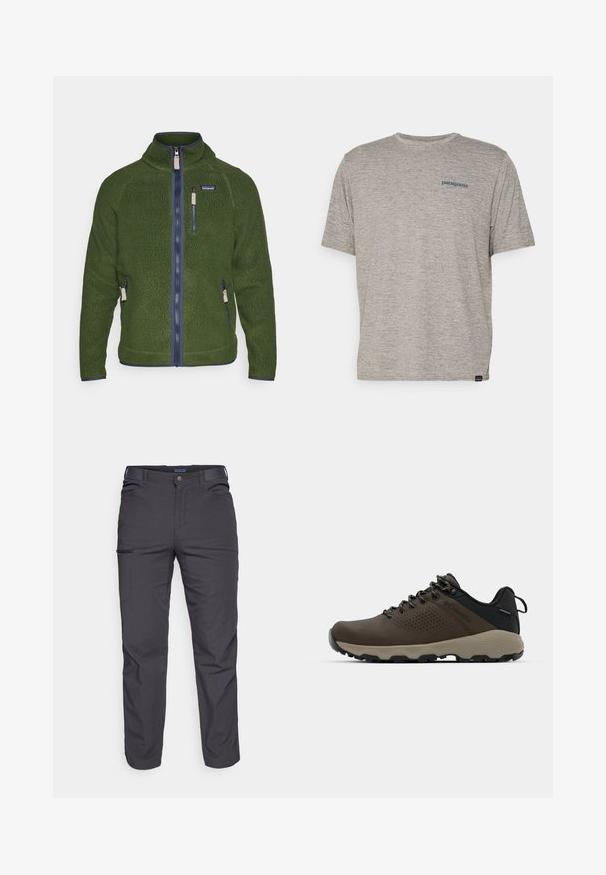 Patagonia RETRO - Giacca in pile - pinie; T-shirt grigio a maniche corte realizzato in un morbido tessuto di texture, con un piccolo logo blu di Patagonia sul lato sinistro del petto. Senza ulteriori fantasie.; Pantaloni grigi scuri realizzati in tessuto resistente, dotati di tasca con zip, taglio dritto e passanti per cintura per una vestibilità regolabile.; Sneakers impermeabili marroni con tomaia testurizzata, dettagli perforati, supporto al tallone nero e suola in gomma grigia. I lacci sono decorati con estremità metalliche.