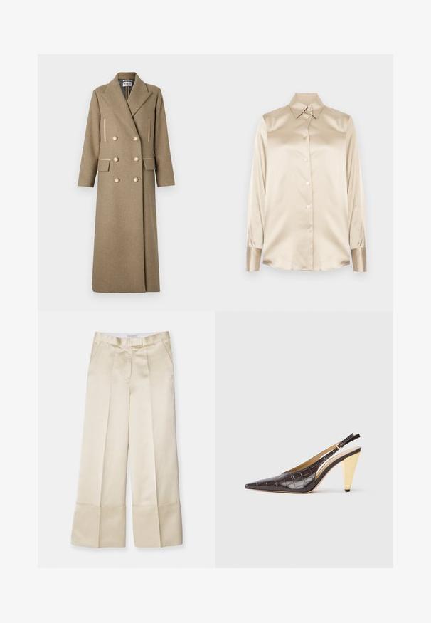 Paul & Joe MANTEAU - Cappotto classico - beige; Camicia in satin beige con colletto a punta, maniche lunghe, chiusura con bottoni e polsini con una finitura leggermente più lucida. Senza motivi né accenti.; Pantaloni a gamba larga beige in tessuto morbido con vita alta, frontale plissettato e orlo ripiegato, dotati di tasche laterali e finitura pulita.; Tacco slingback a punta in ecopelle lucida effetto coccodrillo marrone scuro. Caratterizzato da un tacco geometrico in tonalità oro e da una cinghia alla caviglia regolabile.