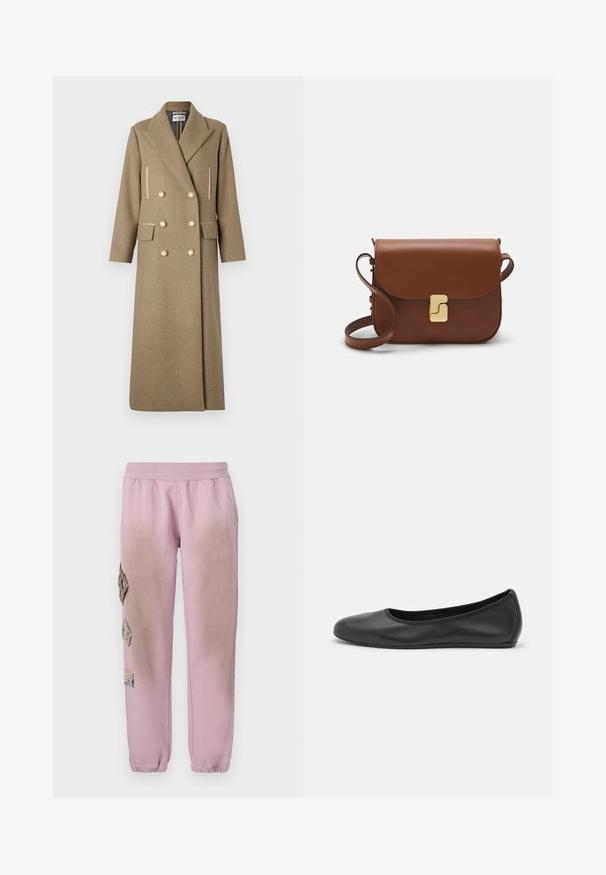 Paul & Joe MANTEAU - Palton clasic - beige; Tricou alb cu mânecă lungă, din bumbac cu dungi, având decolteu rotund și tiv drept. Design simplu, fără modele sau accente.; Pantaloni de trening roz cu talie elastică, cu petice decorative în formă de diamant pe partea stângă și manșete elastice la glezne.; Balerini din piele neagră, cu vârf rotund, textură netedă, detalii de cusătură minimale și un design al tălpii flexibil.; Geantă de piele maro cu închidere tip capac, accesorii de culoare aurie, curea de umăr și o textură netedă. Formă compactă și rectangulară.