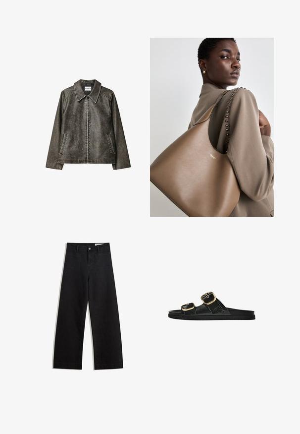 Veste en faux cuir marron avec un large col, fermeture éclair, deux poches latérales et des détails de couture contrastés.; Chemise noire à manches longues en tissu lisse, dotée d'un col classique, d'une fermeture à boutons sur le devant avec des boutons dorés, et de larges poignets.; Pantalon en denim noir à jambes larges avec une taille haute, comprenant des poches avant et arrière, des coutures piquées et une fermeture à bouton. Texture lisse.; Sandale noire à glissière avec deux accents de boucle en or, en matériau lisse, semelle plate et design minimaliste.; Sac à main en cuir marron avec une texture lisse, présentant une silhouette courbée et un logo métallique. La bandoulière est ornée de clous décoratifs le long de la couture.