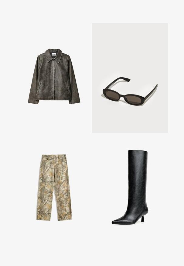 Hnedá umelá kožená bunda s veľkým golierom, zipsom, dvomi bočnými vreckami a kontrastným šitím.; Čierny dlhý rukáv top vyrobený z mäkkej, textúrovanej tkaniny. Má výstrih do oválu a priliehavý strih, bez viditeľných vzorov alebo akcentov.; Maskáčové nohavice s viaczvukovým zeleno-hnedým listovým vzorom, s klasickým dizajnom piatich vreciek a voľným strihom.; Čierne vysoké čižmy vyrobené z textúrovanej kože. Majú špicatú špičku a malý, rozšírený opätok. Elegantný, hladký design s minimálnymi akcentmi.; Čierne slnečné okuliare s oválnymi, polorámovými šošovkami. Lesklé rámce a štíhle strany. Tmavo zafarbené šošovky s minimálnymi detailmi kovania.; Žltá prešívaná bunda s vysokým golierom a prednou vreckom, doplnená čiernou crossbody taškou so zlatým príslušenstvom. Neformálne džínsové nohavice.