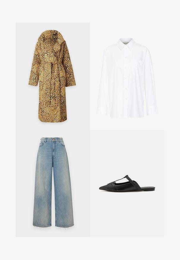 Norma Kamali CLASSIC SLEEPING BAG COAT LONG - Talvemantel - cheetah patch; Valge pika käisega krae särg, mis on valmistatud puuvillast. Omab nööbipaneeli esiosa ja ühte rinna taskut. Sujuv tekstuur, vabalt lõigatud.; Heledad hallhalli sinised teksad, millel on kulunud äär, viis taskut ja nööpkinnitus. Ees on kerge kulumisjälg.; Must kuulsad nahast kandadega kingad, millel on terav nina, koos kootud detaili ja volditud ülaosaga. Lame tald minimaalse riistvaraga.