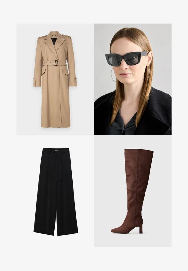 Palton lung bej din lână cu rever larg, talie cu curea, buzunare laterale și epauleți pe umeri. Textură netedă, design structurat.; Top lung cu maneci lungi, de culoare neagră, având detalii din material plisat în față și la încheieturi, realizat dintr-un material moale și elastic, cu decolteu tip barcă.; Pantaloni largi negri dintr-un material texturat, cu un tiv elastic și o panglică detașabilă la talie pentru un fit ajustabil.; Botă maro, până la genunchi, realizată dintr-un material moale, asemănător suedeului. Dispune de un vârf ascuțit și un toc stivuit pentru stabilitate. Finisaj neted, mat.; Ochelari de soare negri tip cat-eye cu lentile întunecate, rame groase și accente subtile. Purtați cu o haină neagră și un top gri, având părul lung și drept.