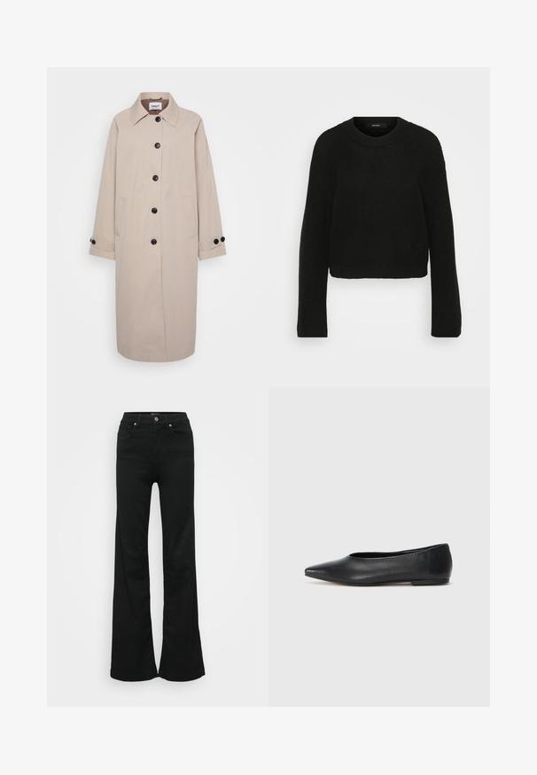 Bež trench plašč s ovratnikom, črnimi gumbi, dvema stranskima žepoma in zavihanimi rokavi. Narejen iz lahkega blaga z gladko teksturo.; Črna pletena pulover z okroglo ovratnikom in dolgimi rokavi. Ima teksturiran vzorec in skrajšan dizajn.; Črne razširjene kavbojke iz denima, z visokim pasom, petimi žepi in kovinskim gumbom za zapiranje. Gladka tekstura z minimalnimi detajli.; Črne usnjene balerinke, koničast toe, minimalističen dizajn, gladka tekstura, nizka peta, brez vidnih kovinskih delov ali okraskov.