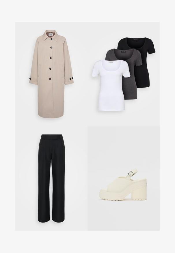Palton bej cu guler, nasturi negri, două buzunare laterale și mansete răsucite. Fabricat dintr-un material ușor, cu o textură netedă.; Trei tricouri ajustate, în alb, gri și negru. Fiecare are un decolteu larg în formă de cerc și mâneci scurte. Fabricate dintr-un material neted și elastic.; Pantaloni negri cu croi larg, realizati dintr-un material neted, avand talie inalta si pliseuri frontale subtile; fara modele vizibile sau accesorii metalice.; Pantofi platformă albi cu vârf deschis și curea pentru spate. Fabricate dintr-un material texturat, având o talpă groasă cu modele pentru aderență.
