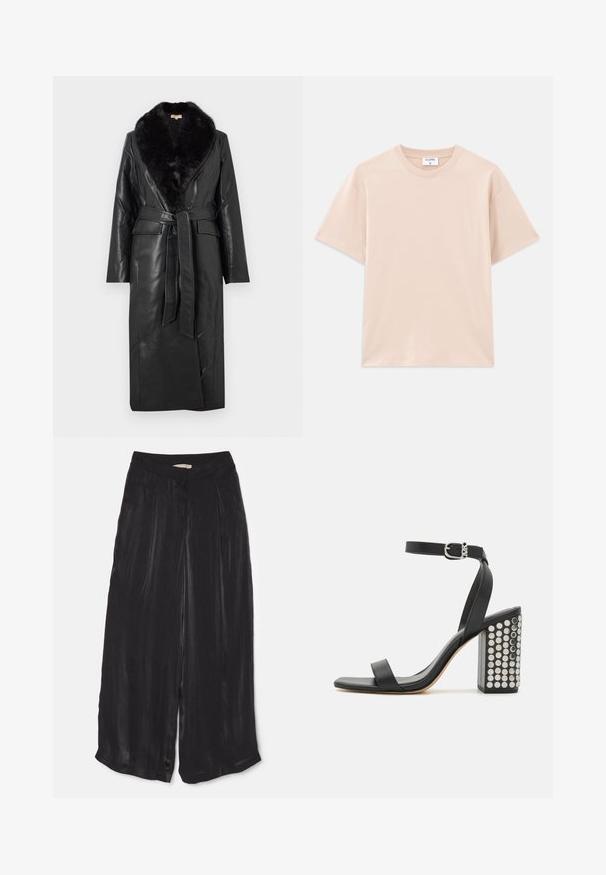 Cappotto di pelle nera con colletto in pelliccia sintetica, maniche lunghe, design avvolgente e cintura frontale. Presenta tasche laterali e una texture liscia.; T-shirt a maniche corte di colore beige chiaro, realizzato in morbido cotone. Collo rotondo, vestibilità comoda, con orlo dritto e senza motivi o grafiche.; Pantaloni neri a gamba larga realizzati in morbido tessuto satinato, con vita alta, pieghe frontali e lunghezza cropped con spacco laterale.; Infradito in pelle nera con tacco e cinturino alla caviglia. Presentano una punta quadrata, una texture liscia e un tacco a blocco quadrato adornato con borchie in argento.