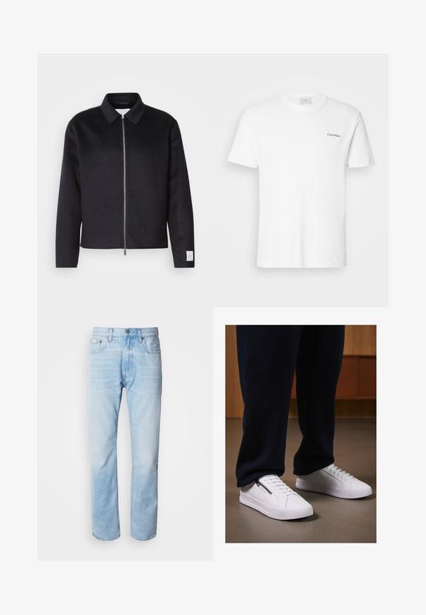 Juodas švarkas su apykakle, priekinis užtrauktukas ir kvadratinė forma. Pagamintas iš minkštos medžiagos, turi mažą etiketę kairiajame rankovyje.; Balta medvilnės marškinėliai su trumpomis rankovėmis ir apvaliu kaklu. Priekyje, kairiajame krūtinės šone, yra mažas juodas "Calvin Klein" logotipas.; Šviesiai mėlyni džinsai su tiesiomis kojomis, puošti išblukusių vietų, penkių kišenių dizainu ir klasikiniu mygtukų užsegimu.; Baltos sportbačiai su lygiu odiniu paviršiumi, plokščiu padu ir raištelių dizainu. Šoninė užtrauktuko detalė prideda funkcionalumo. Suderinti su tamsiais džinsais.