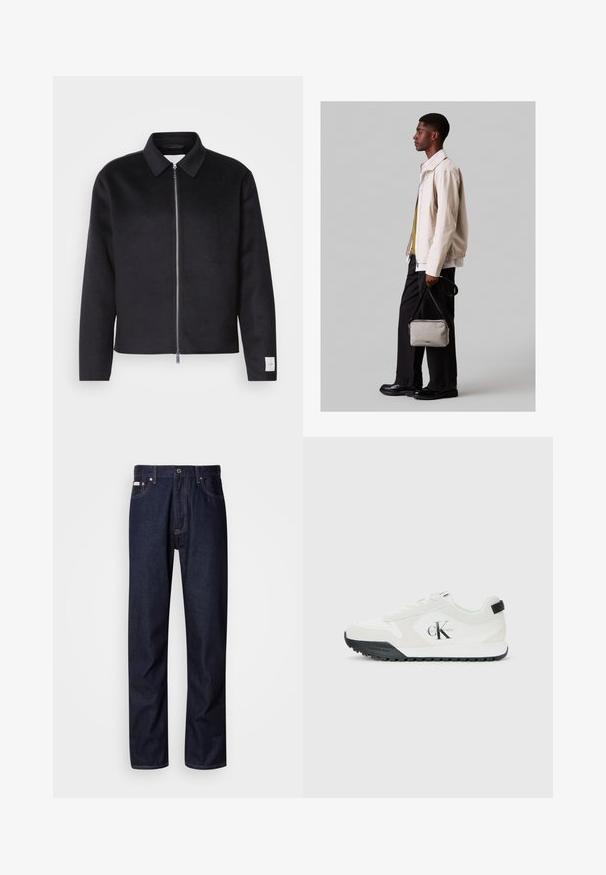 Black jacket with a collar, front zip closure, and a square cut. Made from soft fabric, featuring a small tag on the left sleeve.; White cotton T-shirts with short sleeves, round necks, and a small logo on the chest, displayed in a pack of two. Smooth texture.; Dark blue denim jeans with a straight-leg design, featuring a button fly, five pockets, and contrasting stitching details.; Calvin Klein white sneaker with black sole, suede and mesh panels, CK logo on side, and Calvin Klein branding on heel and sole.; Light beige jacket with elastic hem, paired with a green shirt and black trousers. Carrying a small gray crossbody bag. Black shoes.