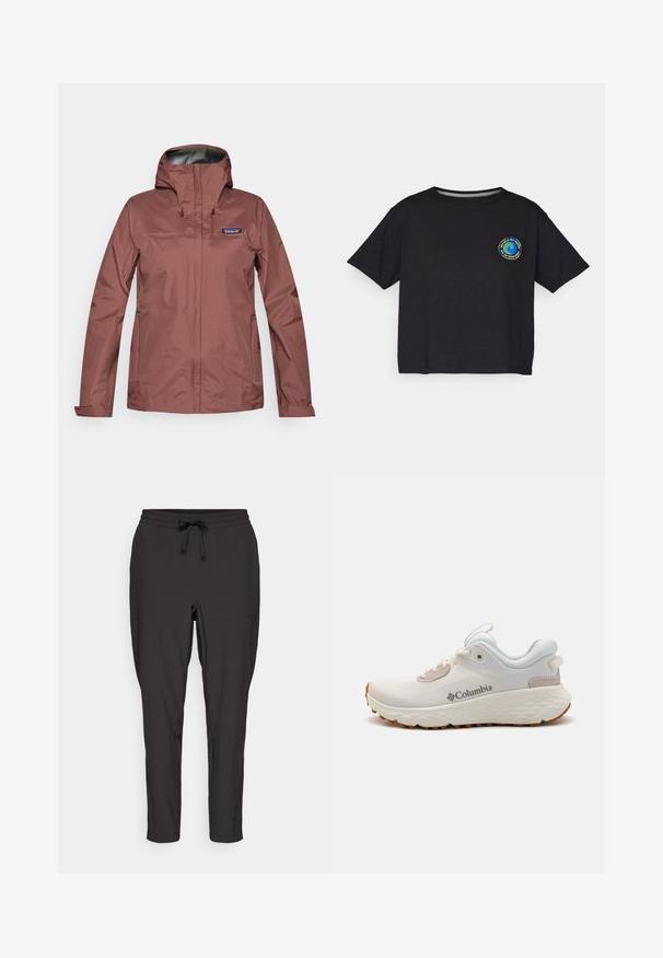 Kurtka wodoodporna w kolorze przybrudzonego różu z długim rękawem, kapturem, suwakiem z przodu oraz logo Patagonia na lewej piersi.; Czarna bawełniana koszulka z krótkim rękawem z okrągłym, wielokolorowym logo na piersi. Prosty dół i luźny krój.; Czarne dresowe spodnie z elastycznym paskiem, detalami w postaci sznurka oraz bocznymi kieszeniami. Wykonane z gładkiego, lekkiego materiału.; Lekkie sportowe buty Columbia w białej siateczce z teksturowaną szaro-skalną podeszwą i gumowym bieżnikiem. Posiadają wyściełany kołnierz oraz klasyczny sznurowany design.