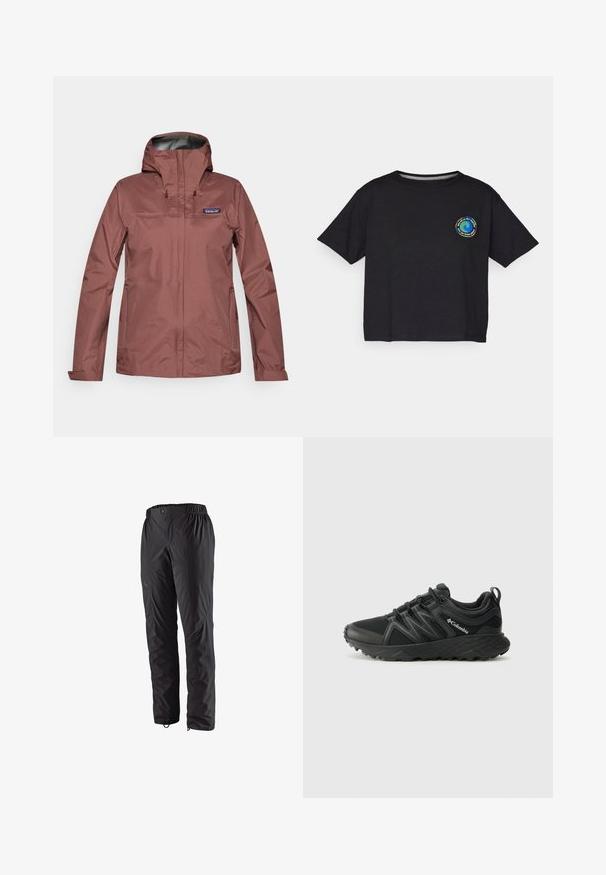 Giacca impermeabile a maniche lunghe in rosa polveroso con cappuccio, chiusura frontale a zip e logo Patagonia sul petto sinistro.; T-shirt nera in cotone a maniche corte con un logo circolare multicolore sul petto. Orlo dritto e vestibilità comoda.; Pantaloni neri impermeabili con vita elastica, tasche laterali con zip, gambe affusolate e texture liscia. Adatti per attività all'aperto.; Columbia PEAKFREAK - Scarpa da hiking - black