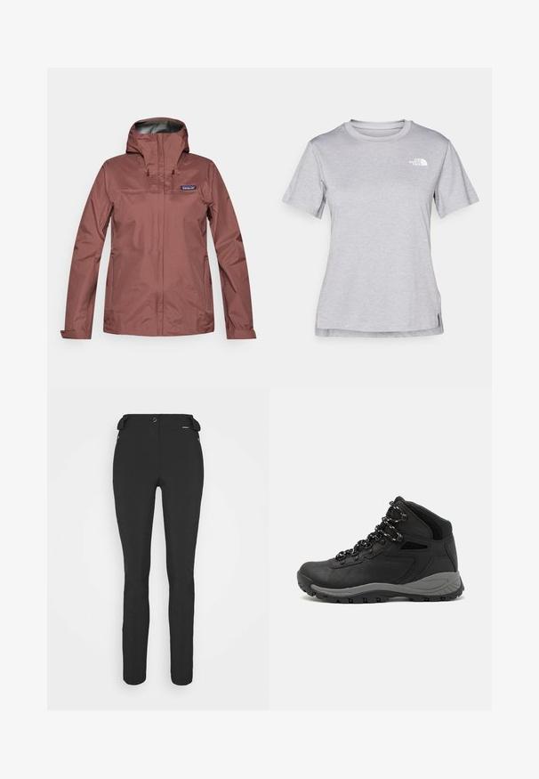 Giacca impermeabile a maniche lunghe in rosa polveroso con cappuccio, chiusura frontale a zip e logo Patagonia sul petto sinistro.; T-shirt grigio a maniche corte realizzato in morbido tessuto traspirante. Presenta un collo tondo e un piccolo logo bianco nella parte superiore sinistra.; Pantaloni neri aderenti realizzati in materiale flessibile. Presentano una tasca laterale con zip, ginocchia articolate e una texture liscia.; Stivale da trekking nero con design a metà altezza, dotato di una tomaia texturizzata, accenti grigi e suola in gomma resistente con tasselli per la trazione.