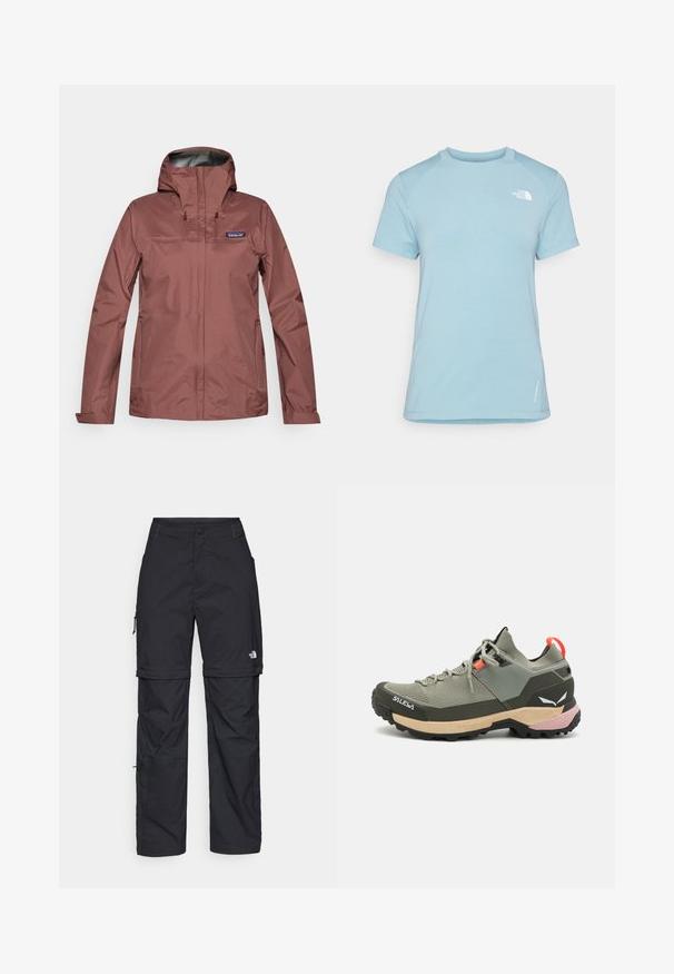 Langärmlige wasserfeste Jacke in staubigem Rosé mit Kapuze, Frontreißverschluss und Patagonia-Logo auf der linken Brust.; Himmelblaues Kurzarm-T-Shirt mit Rundhalsausschnitt. Aus weichem Material, mit Raglanärmeln und einem weißen Logo auf der oberen linken Brust.; Schwarze Nylon-Zip-Off-Cargohosen mit verstellbaren Bündchen, mehreren Taschen und einem Logo am rechten Bein. Glatte, leichte Textur.; Leichter grüner Wanderschuh aus Mesh und Gummi, mit schwarzem Profilsohle, rosa und orangefarbenen Akzenten sowie verstärkter Zehenkappe.
