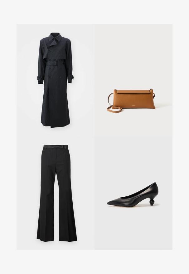 Han Kjøbenhavn - Prochowiec; Czarny sweter z długim rękawem i stojącym kołnierzem, z prążkowanymi mankietami i dołem, zaprezentowany na białym tle.; Czarne spodnie w fasonie dzwonów z gładkim wykończeniem materiału, powyżej pasa o stałej szerokości i z wyprasowanymi kantami dla uzyskania efektu eleganckiego kroju.; Czarna skórzana szpilka z ostrym czubkiem i okrągłym, kulistym obcasem. Gładka tekstura z eleganckim, minimalistycznym wzornictwem.; Brązowa skórzana torebka kopertówka, prostokątny kształt, teksturowana powierzchnia, odczepiany pasek, zamek błyskawiczny, delikatne logo wytłoczone z przodu.