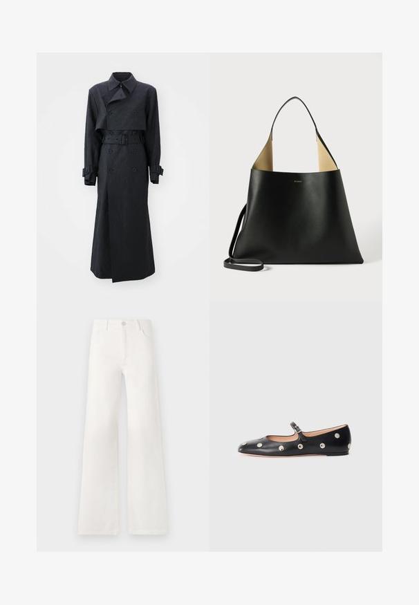 Han Kjøbenhavn Gabardina - anthracite black; Camiseta blanca de manga larga hecha de algodón suave. Presenta un escote redondo, silueta ajustada y textura suave. Sin patrones ni acentos.; Jeans blancos de tiro alto y pierna ancha, confeccionados en denim. Cuentan con un cierre de botón, dos bolsillos frontales y costuras con detalles en las costuras laterales.; Zapato plano tipo Mary Jane de cuero negro con punta redonda, adornado con tachuelas circulares plateadas y una correa ajustable con hebilla.; Bolso tote de cuero negro con un diseño espacioso y angular. Presenta un interior en contraste en color marrón claro y una fina correa para el hombro. Marca minimalista exhibida.