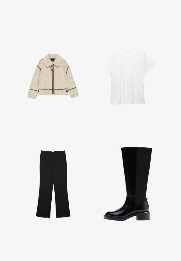 Giacca in sherpa beige con rifiniture marroni, chiusura frontale con zip, ampio colletto e maniche lunghe, progettata per calore e stile.; T-shirt bianco realizzato in un tessuto morbido e leggero. Presenta un collo rotondo e maniche corte e larghe con vestibilità morbida. Nessun motivo visibile.; Pantaloni neri a gamba dritta, con tasche frontali e spacchi laterali all'orlo. Realizzati in tessuto morbido e liscio. Adatti a diverse occasioni.; Stivale nero fino al ginocchio in pelle liscia, con evidenti cuciture, tacco spesso e pannello posteriore testurizzato per un tocco di interesse in più.