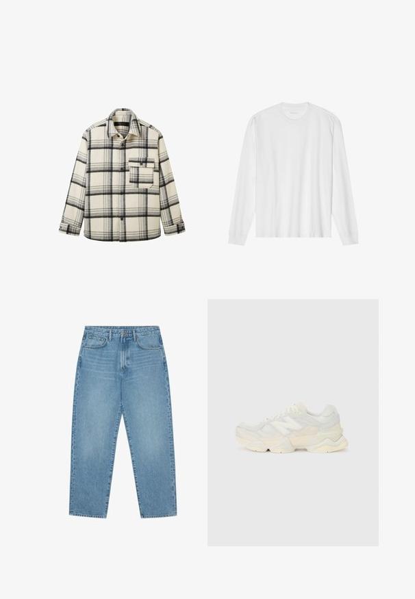 Cămașă din flanel de culoare crem cu un model în carouri negre. Are un front cu nasturi, guler și un buzunar pe piept. Textură moale și croială lejeră.; Tricou alb din bumbac, cu mânecă lungă, gât rotund și manșete ribotate. Design simplu, fără ornamentație, cu o textură netedă și o croială standard.; Jeans din denim albastru deschis cu croială largă și talie înaltă, având cinci buzunare, bucle pentru curea și o textură moale, ușor decolorată.; Adidaș ușor, cu un superior din plasă și piele întoarsă în nuanțe de crem moale, cu o talpă groasă și accente tridimensionale.