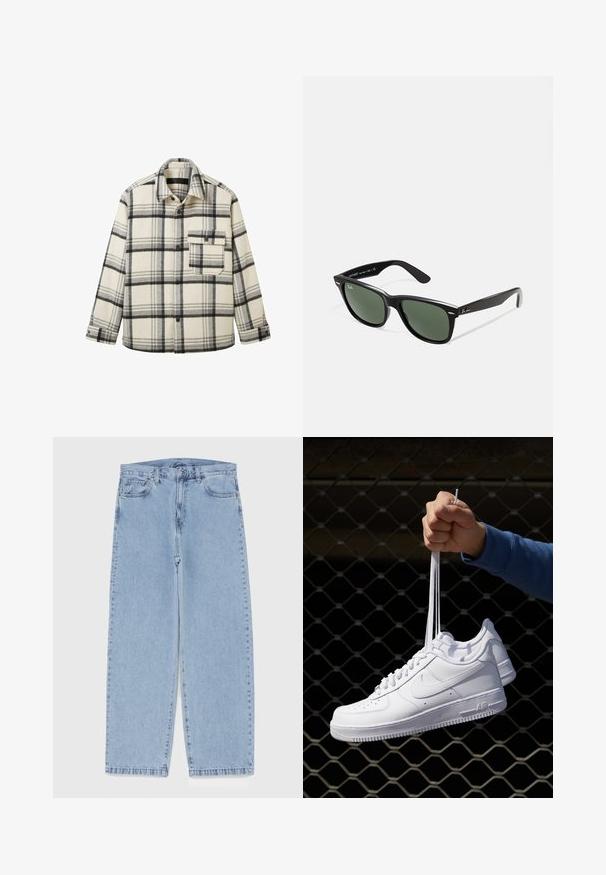Flanelasta majica v kremni barvi z vzorcem črno-belega karirastega. Ima gumbasto zapiranje spredaj, ovratnik in žep na prsih. Mehka tekstura in sproščen kroj.; Bela bombažna majica brez rokavov z okroglo izrezom, širokimi naramnicami in ravnim robom, ki se ponaša z gladko teksturo in brez vidnih vzorcev.; Svijetloplave traperice s ravnim nogavicama, srednjeg struka, pet džepova te zatvaranjem na gumb i munju.; Bela usnjena športna obutev s perforacijami, okroglo konico, ravnim podplatom in debelimi vezalkami, z vidnim logotipom smoosh in napisom "AIR" na peti.; Črne plastične sončna očala z zelenimi lečami, kvadratni okvirji, srebrni detajl na obrvi in teksturirani ročaji. Blagovna znamka navedena na notranji strani ročaja.