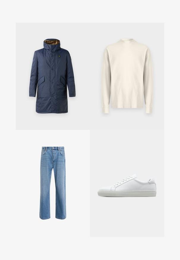 Marineblauw gewatteerd jas met een hoge kraag, knoopsluiting aan de voorkant, twee zijzakken en een contrasterende gouden binnenvoering.; Langsleeve, shirt met hoge kraag van lichtroom katoen. Gladde textuur, relaxed fit, minimalistisch ontwerp, geen zichtbare patronen of accenten.; Lichtblauwe denim jeans met een straight-leg ontwerp, vijf zakken, knoopsluiting, minimale vervaging en contrasterende stikseldetails.; Witte sneaker met een gladlederen bovenwerk en een laag profiel. Voorzien van een ronde neus, zes vetergaatjes en een gestructureerde rubberen zool.