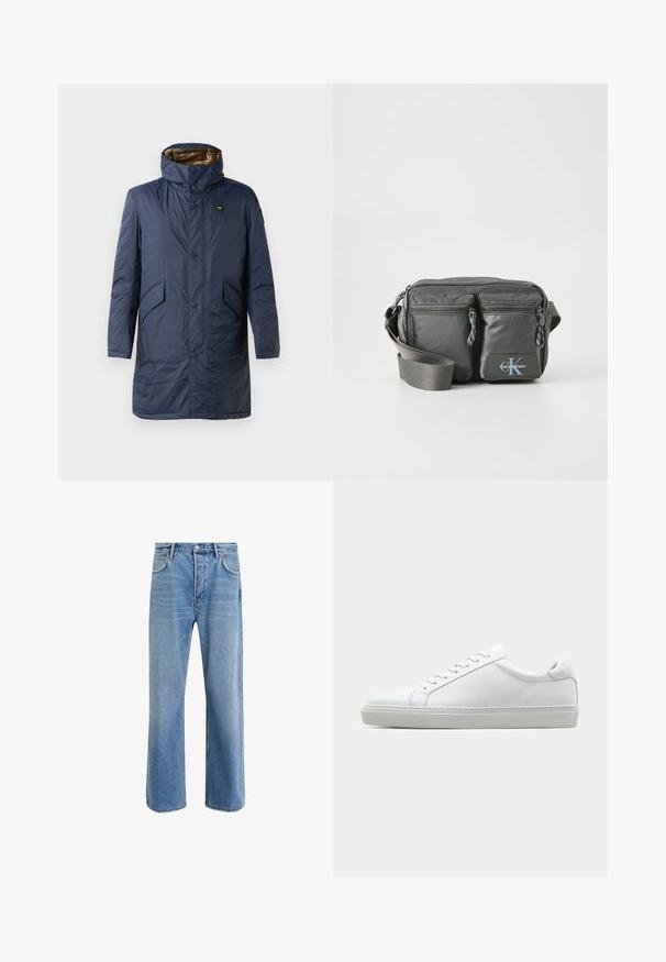 Tengerészkék puffertakaró magas gallérral, elöl gombos záródással, két oldalsó zsebbel és kontrasztos arany bélésnel.; Hosszú ujjú, állógalléros ing világos krém színű pamutból. Sima textúra, laza fit, minimalista dizájn, nincs látható minta vagy kiegészítő.; Világoskék farmernadrág, egyenes szárú fazonnal, öt zsebbel, gombos záródással, minimális kopással és kontrasztos varrással.; Fehér sportcipő sima bőr felső résszel és alacsony profilsal. Kerek orr, hat fűzőlyuk és barázdált gumitalp jellemzi.; Szürke nylon keresztpántos táska két cipzáras elülső zsebbel, állítható pánttal és logó kiemeléssel. Simaság jellemzi, modern dizájnnal.