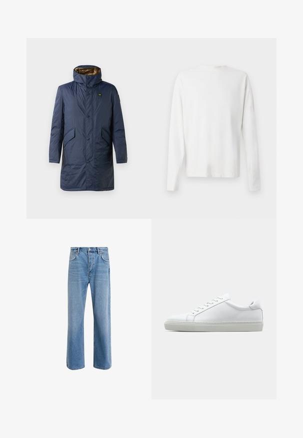 Cappotto imbottito blu navy con collo alto, chiusura frontale a bottoni, due tasche laterali e una fodera interna dorata a contrasto.; Camicia bianca in cotone a maniche lunghe con scollatura rotonda, spacchi laterali in fondo e una texture liscia, mostrata da dietro.; Jeans in denim blu chiaro con design a gamba dritta, cinque tasche, chiusura con bottone, leggero sbiadimento e dettagli di cucitura a contrasto.; Sneaker bianco con tomaia in pelle liscia e profilo basso. Presenta una punta arrotondata, sei occhielli e una suola in gomma testurizzata.