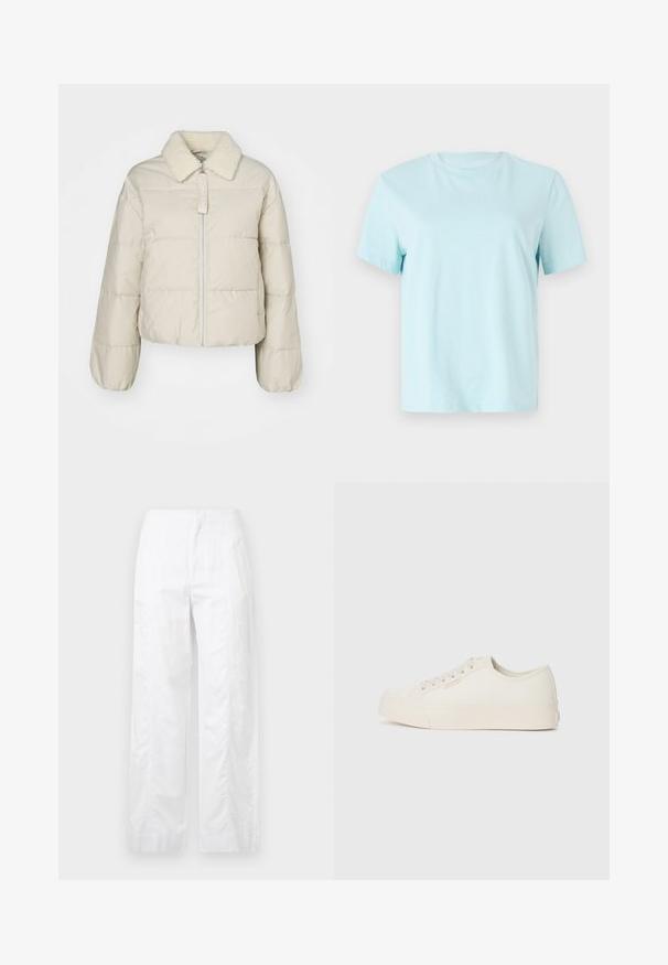Μπεζ φουσκωτό μπουφάν με κολάρο από γούνα, φερμουάρ μπροστά και σχεδίαση με πλισέ. Διαθέτει ριμπ μανσέτες και κοντή σιλουέτα. Ορατή ετικέτα μάρκας.; Ανοιχτό μπλε βαμβακερό t-shirt με κοντά μανίκια, στρογγυλή λαιμόκοψη και διακριτό κεντημένο λογότυπο 'Calvin Klein' μπροστά.; Λευκά παντελόνια με φαρδιά γραμμή, κατασκευασμένα από ελαφρύ ύφασμα, με απλή υφή, καθαρές γραμμές και ψηλή ζώνη.; Αθλητικά παπούτσια από καμβά σε off-white απόχρωση, με χαμηλή σόλα, στρογγυλή μύτη και επίπεδη λάστιχη σόλα με λεπτομέρειες ραφής.