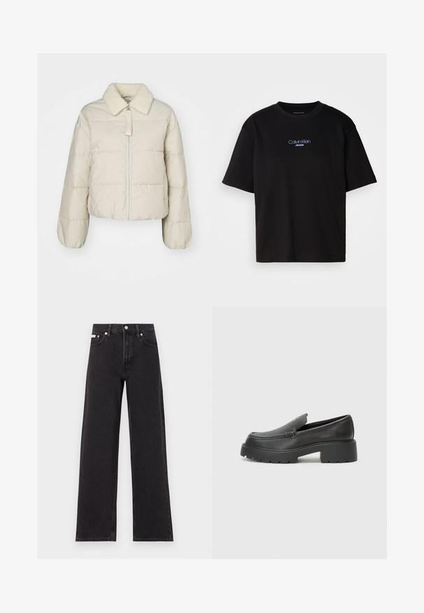 Beige puffjacka med fårskinnskrage, dragkedja fram och kviltad design. Har ribbade ärmslut och en cropped silhuett. Varumärkets tagg synlig.; Svart bomulls T-shirt med rund nacke, korta ärmar och blå broderad "Calvin Klein JEANS" logotyp på framsidan.; Svarta vida jeans i denim med hög midja, fem fickor och metallknappstängning med kontrasterande sömmar.; Svarta läderloafers med rund tå, tjockt strukturerat såle och minimala sömnadsdetaljer. Snygg design utan synliga snören eller beslag.