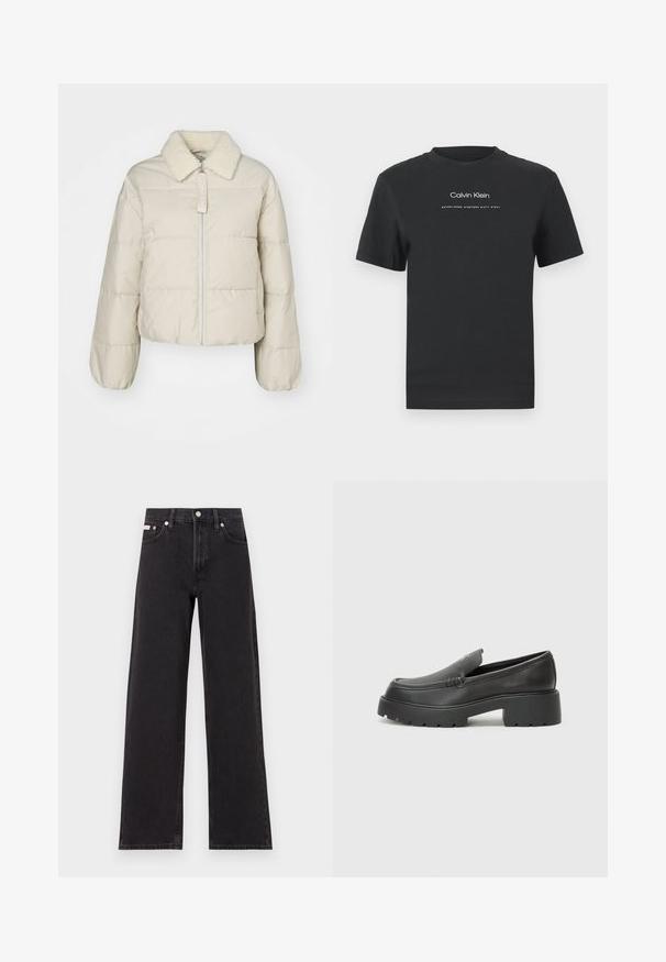 Beige puffertakaró, shearling gallérral, cipzáras elejével és steppelt mintázattal. Rugalmas mandzsetták és cropped sziluett jellemzi. A márkajegy látható.; Fekete pamut póló kerek nyakkivágással, rövid ujjakkal, fehér nyomott "Calvin Klein" logóval és "Established 1968" felirattal.; Fekete, bőszárú farmernadrág, magas derekú, öt zsebes kialakítással és fém gombos záródással, kontrasztos varrással.; Fekete bőr loafer cipők kerek orral, vastag, texturált talppal és minimális varrási részletekkel. Áramvonalas dizájn, látható fűzők vagy fém részek nélkül.