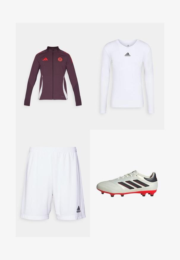 Chaqueta deportiva burdeos con cremallera completa, cuello alto, acentos rojos y paneles laterales. Incluye el logo de Adidas y un emblema circular del equipo en el pecho.; Camiseta deportiva de manga larga blanca, fabricada con material suave, que presenta un logo negro de Adidas en el pecho; diseño de cuello en V y forma ajustada.; Bermudas deportivas blancas con una cintura elástica, fabricadas con un tejido suave. Presenta un logo negro de Adidas en la parte inferior izquierda.; Botas de fútbol blancas con acentos negros y suela roja. Presentan tres rayas negras en el lateral y una parte superior de textura suave.