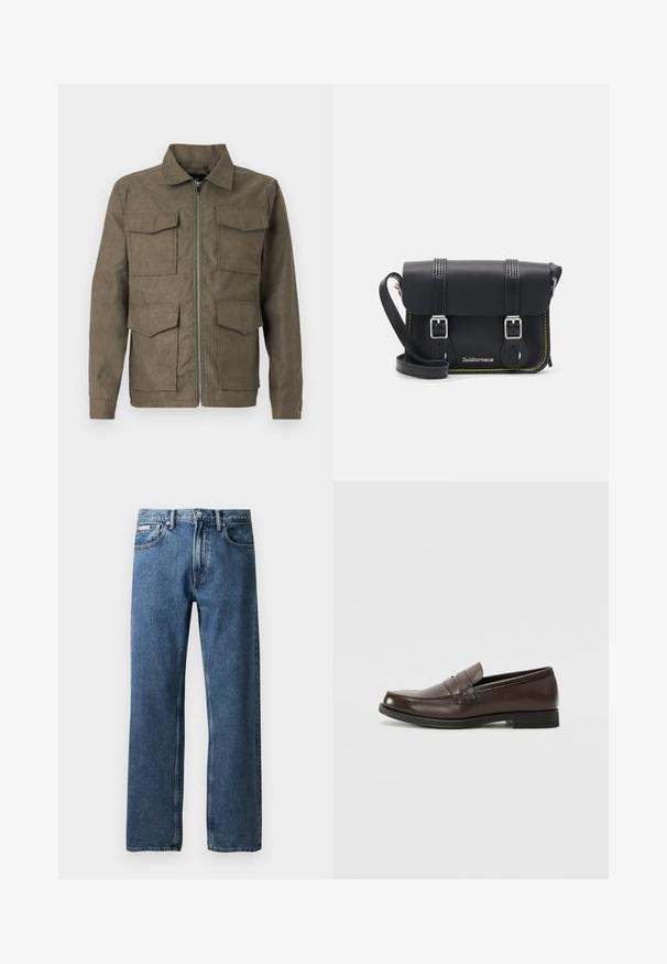 Olive green jacket made of soft fabric with a zip closure, featuring four front pockets and a classic collar. Smooth texture, straight cut.; White long-sleeve shirt made of cotton. Features a button-down collar, front buttons, and a straight hem. No patterns or accents.; Blue straight-leg denim jeans with a high waist, button and zip closure, front pockets, and a small white brand label on the right pocket.; Brown leather loafer with a rounded toe, decorative stitching, and a small, flat heel. Smooth texture with understated design elements.; Black leather crossbody bag with a flap, two silver buckles, yellow stitching, and an adjustable strap. Features a smooth texture and compact design.