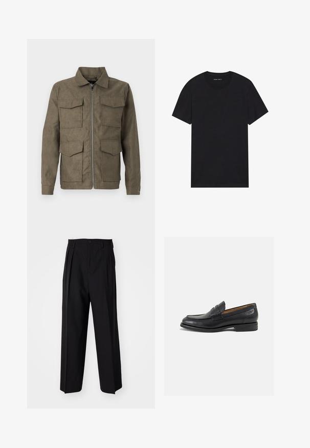 Olivenfarget jakke laget av mykt stoff med glidelås, har fire frontlommer og klassisk krage. Glatt tekstur, rett snitt.; Svart bomulls t-skjorte med korte ermer og rund hals. Stoffet har en glatt tekstur og et enkelt, ensfarget design.; Sorte plissert bukser med en rett, bred benform. Laget av glatt stoff, med knappelukking og beltehemper.; Sorte lær loafers med en glat overflade, rund tå og dekorativ syning på forfoden. Lav stablet hæl og let glans.