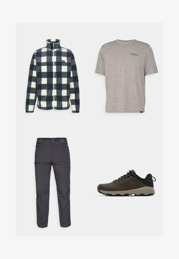 Fliisjakker kõrge kraega, mis on kaunistatud tumesinise ja valge ruudulise mustriga, ees tõmblukk ja väike logo rinnal.; Hall tootega hall T-särk lühikeste varrukatega, pehmest tekstuuriga kangast, millel on vasakul rinnal väike sinine Patagonia logo. Täiendavaid mustreid pole.; Tumed hallid püksid, mis on valmistatud vastupidavast kangast, varustatud lukuga tasku, sirge lõikega ja vööaasadega, et sobivust kohandada.; Kohandatud veekindlad pruunid spordijalatsid tekstuuriga pealisega, perforatsioonidega detailid, must kandetoetav osa ja hall kummine sisetald. Paelad on metallist otstega.