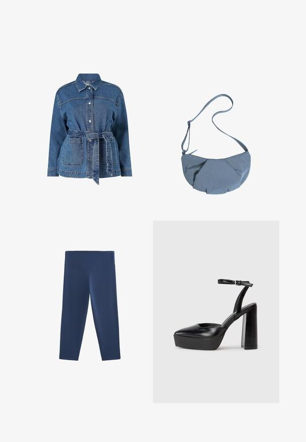 Jeansjacke, blau, mit taillierter Silhouette, tailliertem Bund, Knopfleiste, zwei großen Brusttaschen und spitzem Kragen. Strukturierter Stoff.; Braunes, langärmliges, geripptes Oberteil mit Rundhalsausschnitt. Hergestellt aus einem glatten, dehnbaren Material, mit einer taillierten Silhouette und minimalen Details.; Navyblaue, knielange Leggings aus einem dehnbaren Stoff mit einem breiten, flachen Bund und glatter Textur, die für Komfort und Bewegungsfreiheit entworfen sind.; Schwarze Plateau-High Heels mit spitzem Zeh und verstellbarem Knöchelriemen. Gefertigt aus glattem Leder und mit einem klobigen Blockabsatz.; Grau, runder Stoff-Crossbody-Beutel mit einem gerafften Vorderdesign und einem dünnen, verstellbaren Gurt. Reißverschluss oben.