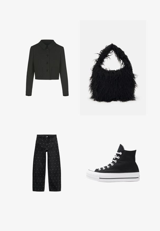 Black cropped jacket with long sleeves, a Peter Pan collar, front buttons, and two front patch pockets.; White cropped blouse with puffed short sleeves and elasticized ruffled neckline, waist, and sleeve cuffs.; Black denim wide-leg jeans featuring a pattern of small silver grommets, with a classic five-pocket design and button front closure.; High-top black canvas sneaker with white eyelets, laces, and rubber sole. Features a textured toe cap and black and white stripe accents.; Even&Odd Tote bag - black