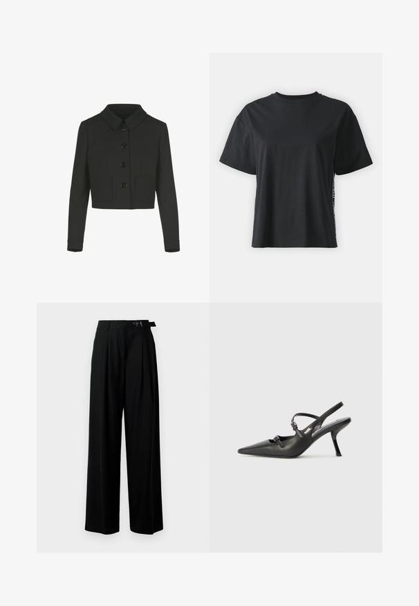 Melna īsā jaka ar garām piedurknēm, Pītera Pēna tipa apkakli, priekšējām pogām un divām priekšējām kabatām.; Melna īsām piedurknēm kokvilnas t-kreklu ar brīvu piegriezumu un kontrastējošu sānu paneli, kas satur nelielu tekstu un dizaina detaļas.; Melni plaši bikses ar augsto jostasvītru, priekšā ar krokojiem un jostu ar sprādzi. Izgatavotas no gludas, vieglas auduma.; Melnas ādas slingback papēži ar norādītu purngalu, izsmalcinātu papēdi un dekoratīvu sprādzi uz priekšpuses. Gluda tekstūra un elegants dizains.