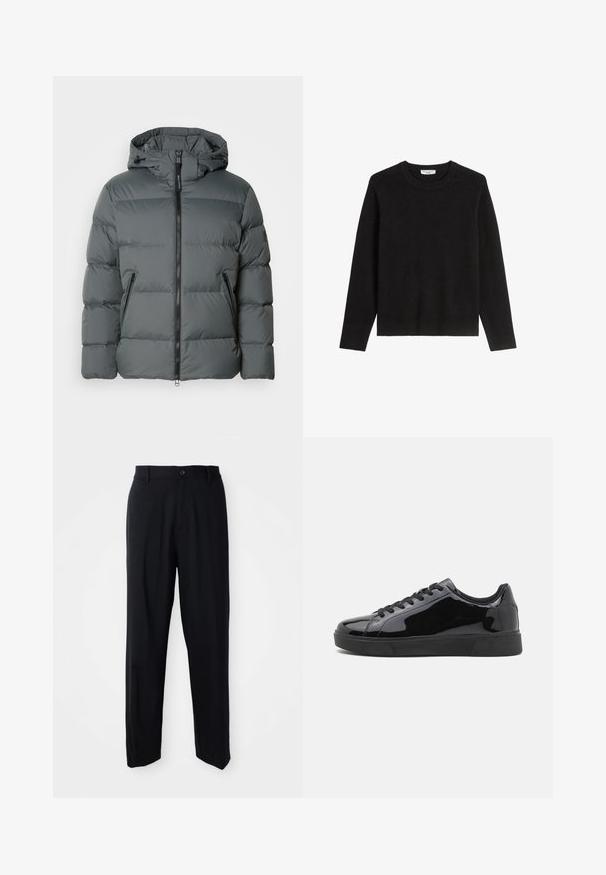 Chaleco de plumas gris con capucha, que cuenta con un cierre frontal, puños elásticos, un material ligero y costuras horizontales para el aislamiento.; Suéter negro de manga larga fabricado en punto acanalado, con un cuello redondo y un dobladillo recto. Diseño simple sin patrones visibles.; Pantalones rectos negros con trabillas, cierre de botón y un diseño elegante y minimalista sobre un fondo neutro.; Zapatillas de charol negro con punta redonda, suela de goma plana y cordones negros. Textura suave y brillante en la superficie superior.