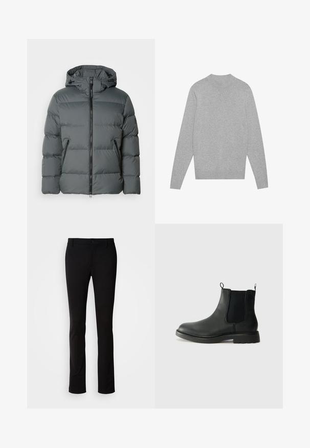 Harmaa puhvijakku hupulla, jossa on etuvetoketju, joustavat hihansuut, kevyt materiaali ja vaakaommeltu eristys.; Vaaleanharmaa pitkähihaisen pyöreäkauluksen neulepaita, jossa on raidoitettu kaulus, hihansuut ja helma, asetettuna tasaisesti valkoiselle taustalle.; Mustat housut, jotka on valmistettu sileästä kankaasta, mukana napin sulkeminen, vyölenkit ja suora lahje design. Ei näkyviä kuvioita tai yksityiskohtia.; Mustat nahkaiset Chelsea-saappaat, joissa on joustavat sivupaneelit, vetolenkit, pyöristetyt varpaat ja teksturoitu kumipohja. Sileä pinta ja kestävä muotoilu.