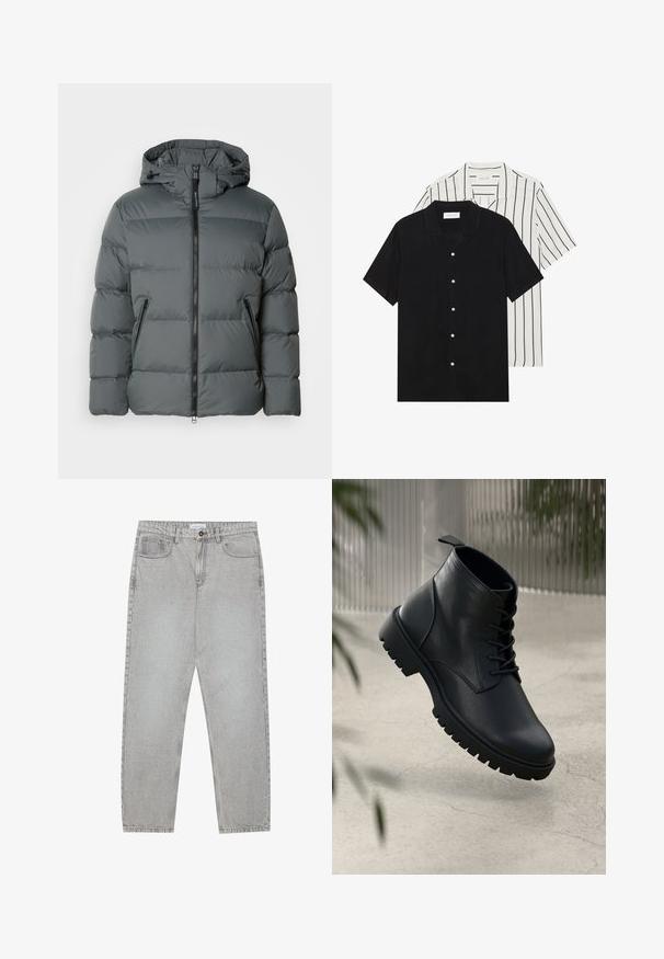 Grå pufferjakke med hette, med glidelås foran, elastiske mansjetter, lett materiale og horisontal søm for isolasjon.; To korte ermer skjorter: en i ensfarget svart, en hvit med svarte vertikale striper. Begge har knappelukkinger og klassisk krage.; Lys grå denimbukser med rett ben-design, fem lommer og knappelukking. Synlig søm langs sømmene.; Sorte skinn ankleboots med rund tå, snøring og grov gummisåle. Glatt tekstur med en stropp bak.